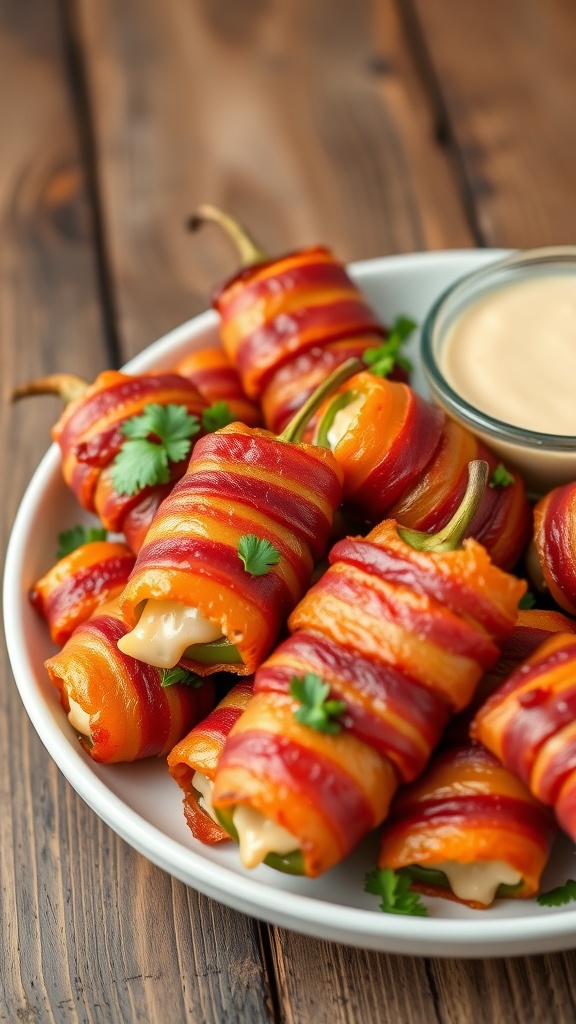 A platter of crispy bacon-wrapped jalapeño poppers garnished with cilantro and a dipping sauce.